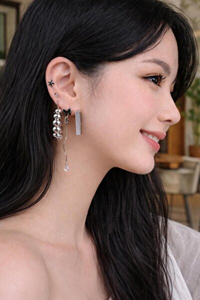 NO NAME Silver Color Butterfly and Ring Steel Earrings with 12 Pieces