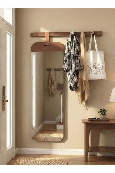 M SMART مرآة بتصميم أنيق، أبعادها 130×50×7.5 سم، بإطار خشبي وعلاقات للملابس و...