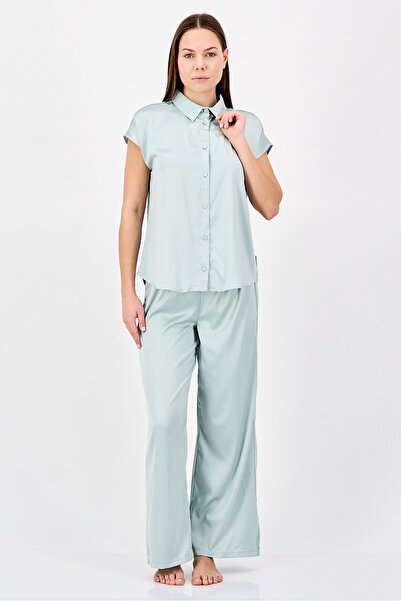 Nine West Women 2 Pcs Plain Short Sleeve Shirt And Pajamas Set, Light Sage