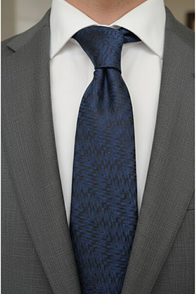 Gutiero Navy Blue Black Patterned Classic Tie with Handkerchief