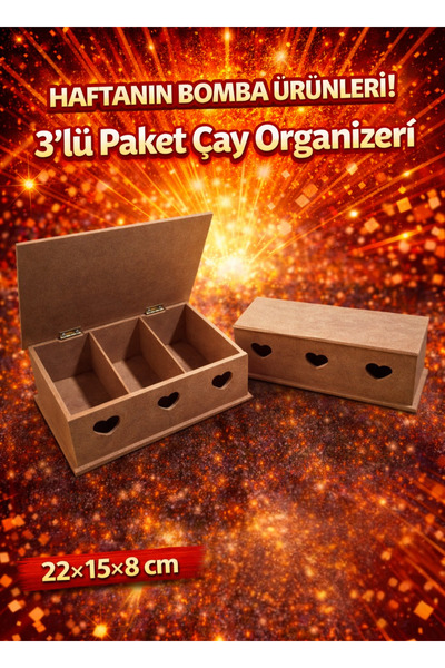 Eymen Hobi 3’lü Paket Çay Organizer Ahşap Çay Kutusu Bölmeli Saklama Kutusu 2...