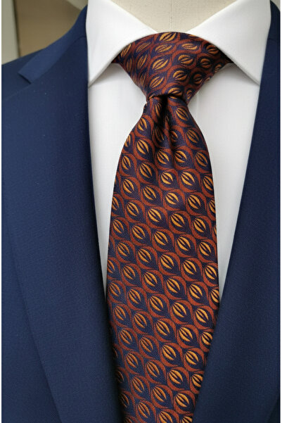 Gutiero Navy Blue Patterned Classic Tie with Handkerchief