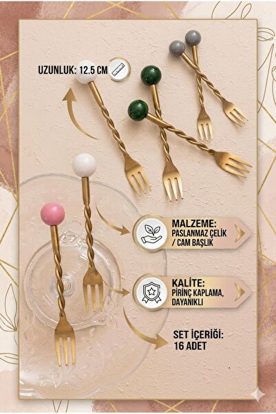 RİVO HOME DECOR The Mia Globe Kek Çatalı Gri-Pembe-Beyaz-Yeşil 16 Parça