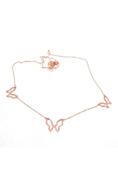 Nehir Rose Color Triple Butterfly Model Zircon Necklace