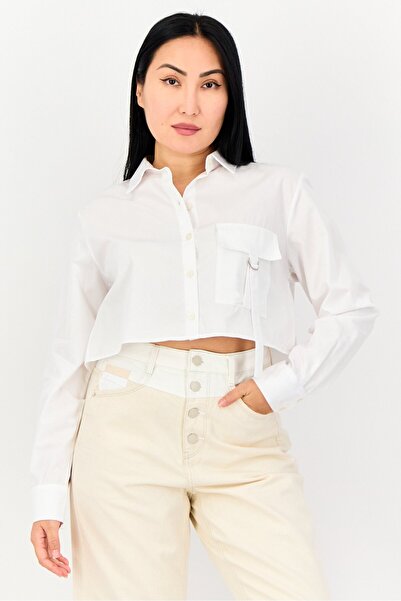 Don't Call Me Jennyfer Women Spread Collar Long Sleeves Crop Top, White