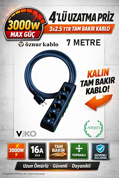 Aryes 4lü Siyah Uzatma Kablosu 7 Metre 3x2.5 TTR Tam Bakır 3000W Güvenli Kull...