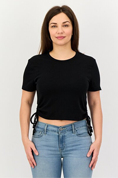 Don't Call Me Jennyfer Women Crew Neck Short Sleeve Ribbed Crop Top, Black