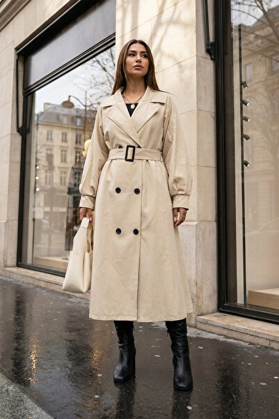 MODAQU Belted Balloon Sleeve Trench Coat - Beige