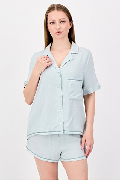 Nine West Women 2 Pieces Textured Top And Bottom Pyjama Set, Sage Green