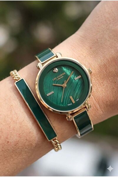Lee Cooper ساعة يد نسائية بقرص أخضر |   سوار من الفولاذ باللون الذهبي - هدية ...
