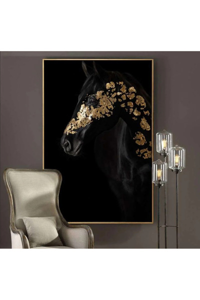 3D Art Sa 3D canvas painting of a black horse with luxurious gold details