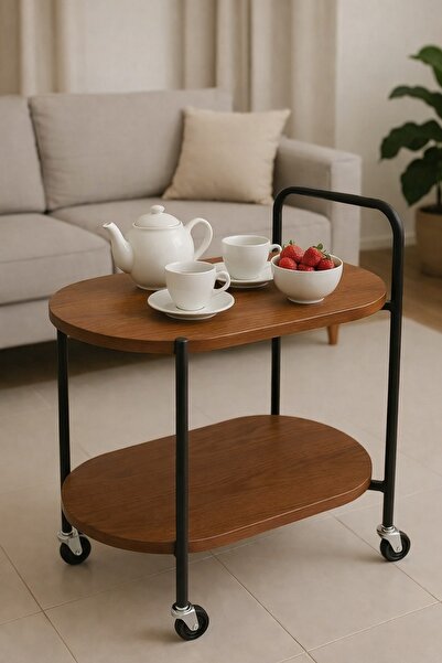 N.zone Modern serving trolley with a wooden design, black metal frame, and ro...