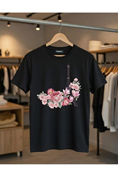 playwear Tricou unisex cu imprimeu cu flori roz Turnul Eiffel