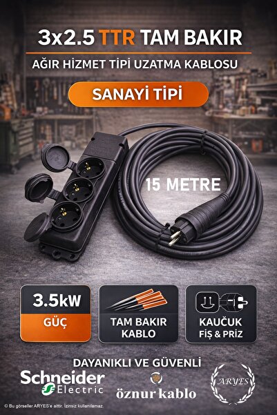 Aryes 3lü Sanayi Tipi Uzatma Kablosu 15 Metre 3x2.5 TTR Tam Bakır Öznur Kablo...
