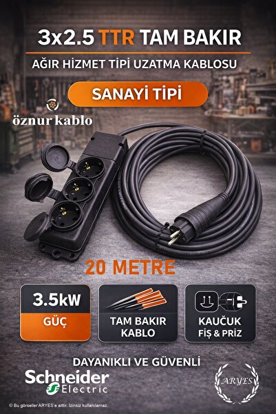 Aryes 3lü Sanayi Tipi Uzatma Kablosu 20 Metre 3x2.5 TTR Tam Bakır Öznur Kablo...