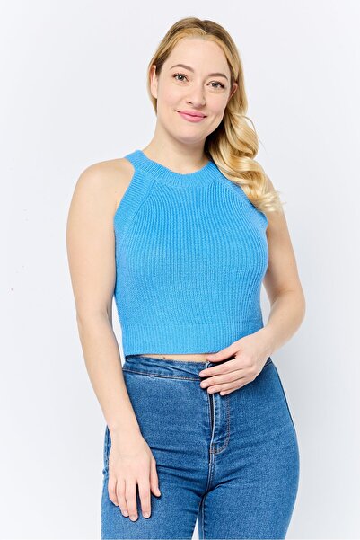 Don't Call Me Jennyfer Women Crew Neck Sleeveless Textured Crop Top, Blue