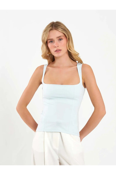 Caddebostan Moda Women's Square Neck Wide Strap Basic Blouse Slim Fit Stretch...