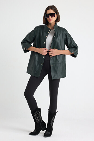 MALPcollection Kadın Hakiki Deri Ceket Haki Renk Yarasa Kol Ön ÇıtÇıtlı