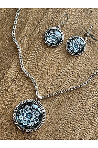 Büyük Hanım Motif Patterned Style Blue Necklace Earring Set