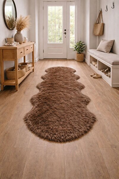 SAYMİNE Kuzu Post Peluş Premium Yumuşak Tüylü Elips Halı - Kahve