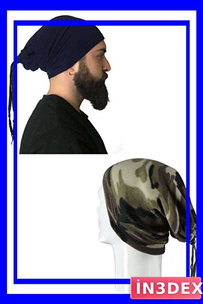 İN3DEX Polar Fleece Yarn Beanie and Neck Warmer Set in Navy Blue with Camoufl...