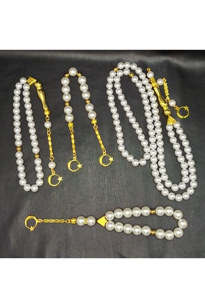 Han Ticarethane Gold Color Combination Plated Pearl 4-Piece Rosary Set