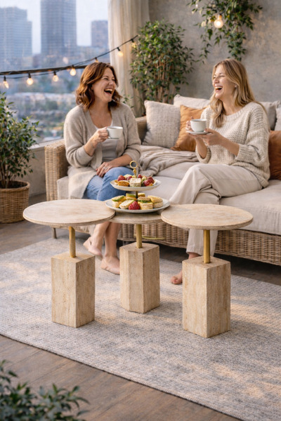 Handmade Modern Traverten Görünümlü 3’lü Zigon Sehpa Seti