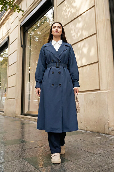MODAQU Belted Balloon Sleeve Trench Coat - Navy Blue