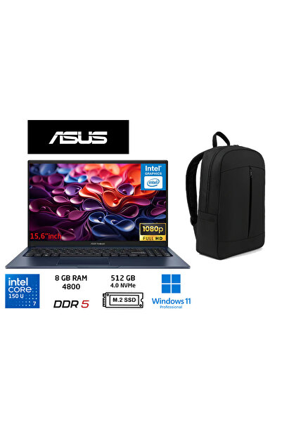 ASUS Vivobook 15 Core 7 150U 8GB-512GB Ssd-15.6''Windows 11 Pro X1504VA-BQ545...