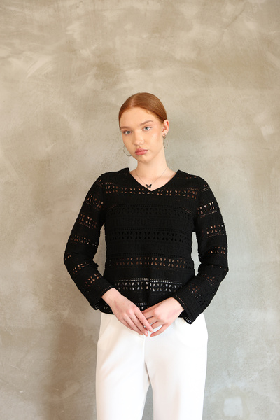 DM DİLAN MODA Women's Crochet Standard Size Long Sleeve Blouse