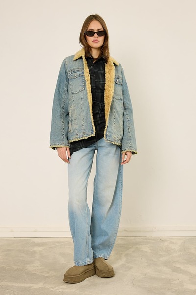 mavi limon İçi Kürklü Kot Ceket