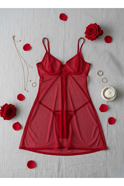 cdh çeyize dair herşey Vespera Red Tulle Nightgown with Back Tie Detail