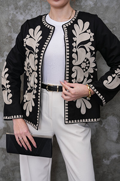 FancyWorld Black Beige Patterned Embroidered Vintage Jacket
