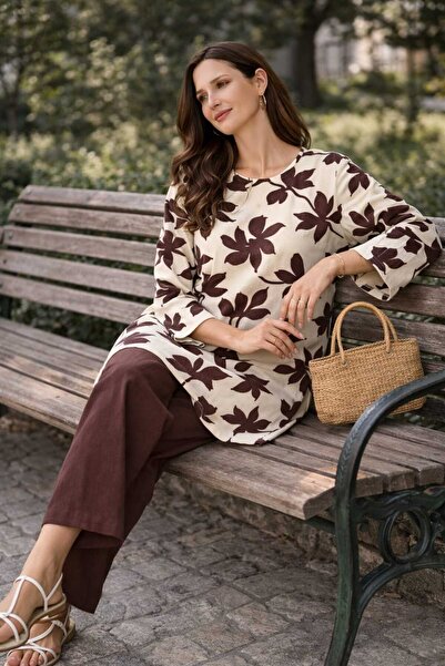 Tenra Bürümcük Fabric Top and Bottom Women's Set Oversize-Suitable for Hijab