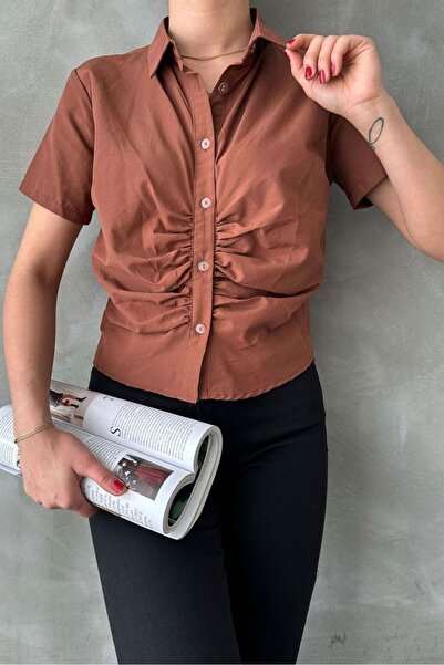 Caddebostan Moda Women's Front Gathered Short Sleeve Shirt Collar Crop Blouse