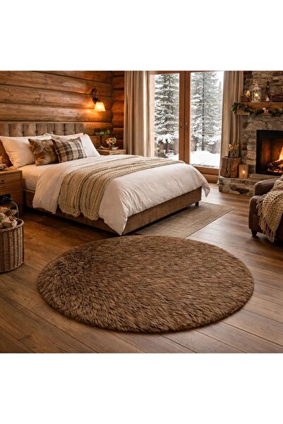 SAYMİNE Kuzu Post Peluş Premium Yuvarlak Desen Yumuşak Tüylü - Kahve