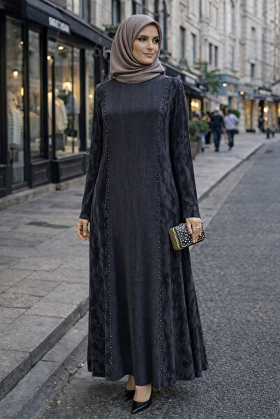 clemence İpek Kupra Kumaş İnci İşlemeli Uzun Tesettür Elbise – Düz Kesim, Zar...