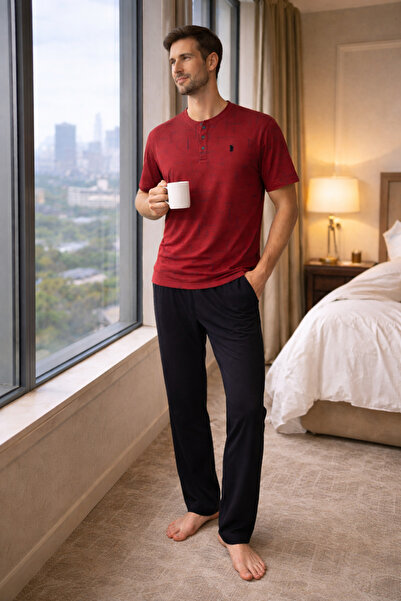 YUYİ Polo Republi̇ca 95% Cotton Short Sleeves Buttoned Collar Men's Pajama Se...