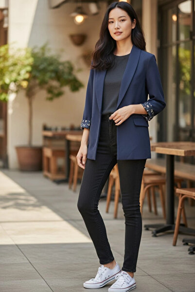 modayiğit Lacivert astarlı şık kadın şal yaka ceket