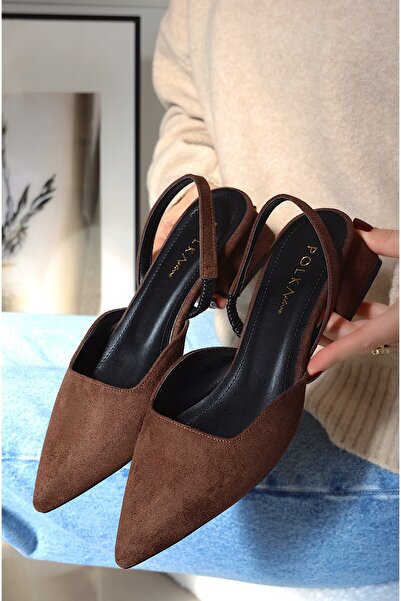 POLKA STORE Pantofi de damă din piele intoarsa maro, cu vârf ascuțit și toc s...