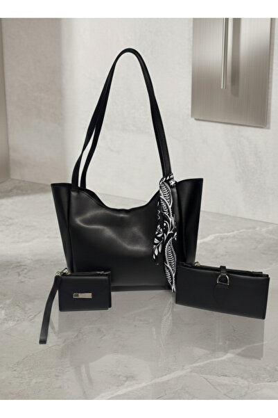 RİEMA طقم حقائب نسائية سوداء مكون من 3 قطع مع وشاح، وسحاب، ومحفظة يد للتسوق، ...