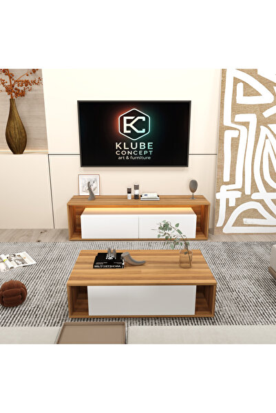 klubeconcept Modern Ceviz TV Ünitesi Orta Sehpa Seti – Beyaz Kapaklı LED’li T...