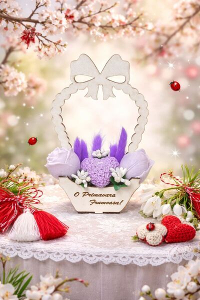 OEM Martisor floral 3 flori mov din ceara parfumata de soia in cos de lemn, p...