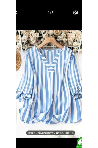 Butik Çizgili v yaka büyük beden bluz