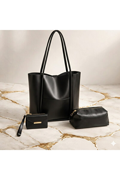 RİEMA Set de genți combinate mari, negre, din 3 piese, cu fermoar, portofel d...