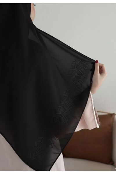 Veil Designer Black voile headscarf, Japanese fabric, with black embroidery o...