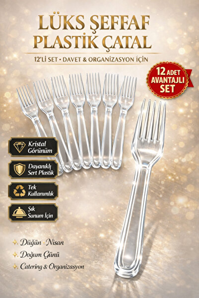 OPTİMEX 12 Adet Sert Plastik Çatal Şeffaf Lüks Tek Kullanımlık Çatal Parti, D...