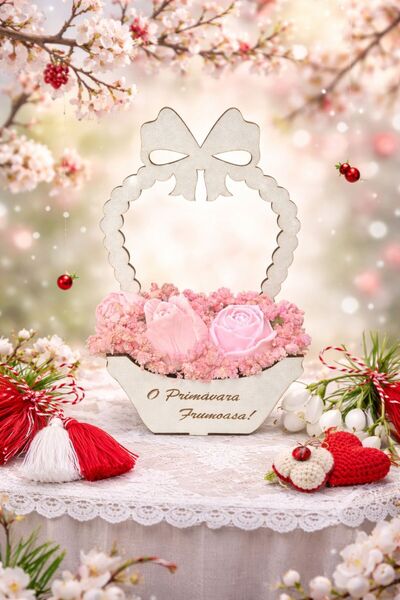 OEM Martisor floral 3 flori roz din ceara parfumata de soia in cos de lemn, p...