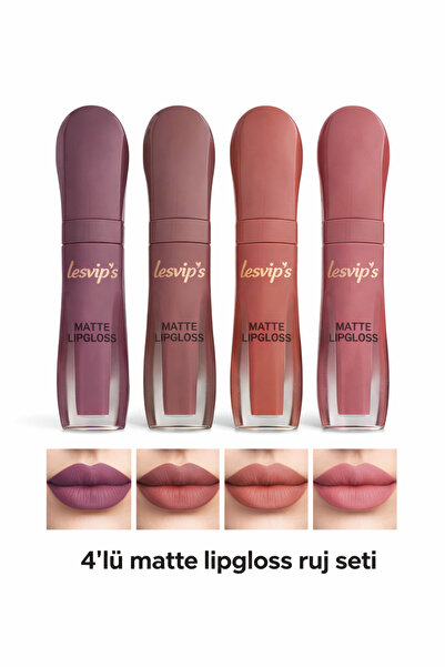 Lesvip's 4’lü Nude Matte Lipgloss Seti Uzun Süre Kalıcı Ruj Seti