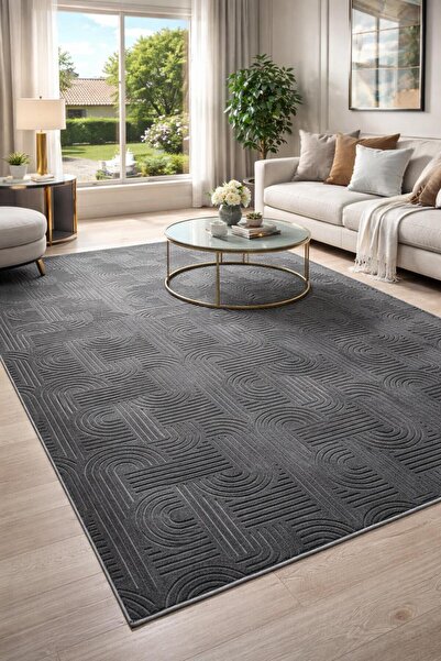 BESELY Koyu gri Bohem Emboss Kabartma Desen Premium Kaymaz Taban Yıkanabilir ...
